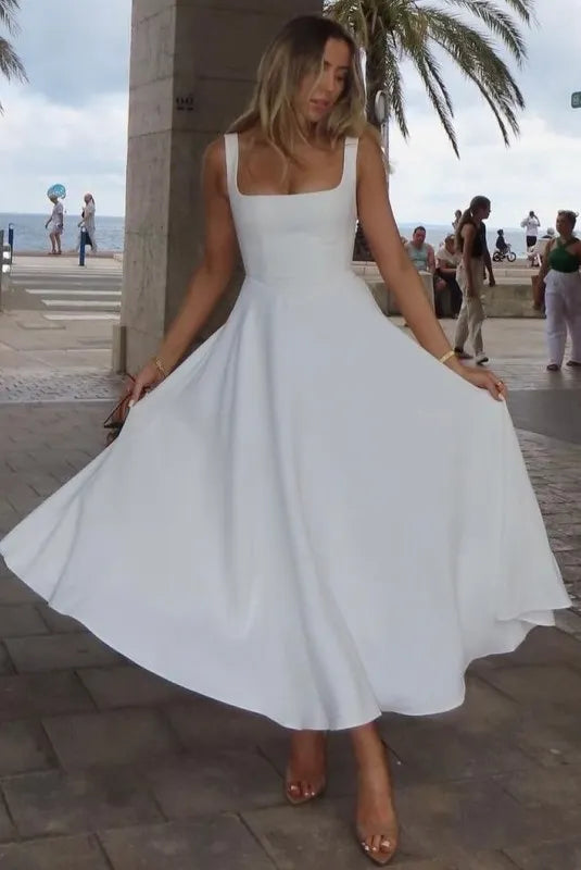 Midi Dress with Square Neckline and High Waist
