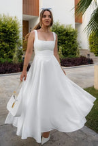 Midi Dress with Square Neckline and High Waist