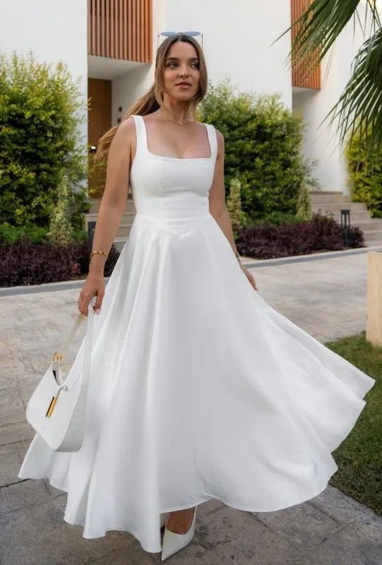 Midi Dress with Square Neckline and High Waist