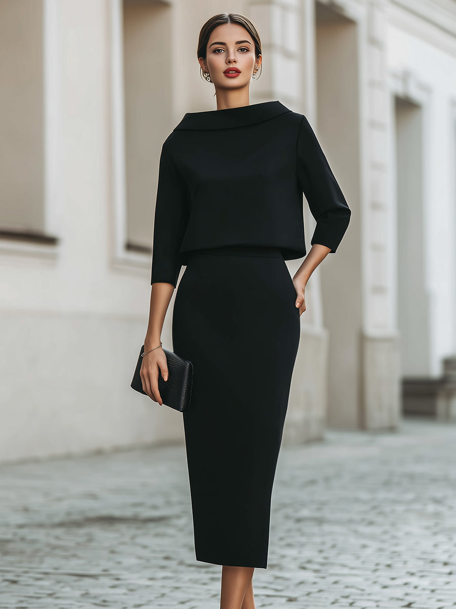 Women's Tailored Set – Top with Boat Neck and Midi Skirt for Casual Use
