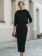 Women's Tailored Set – Top with Boat Neck and Midi Skirt for Casual Use