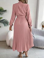 Women’s Pleated Midi Dress with Long Sleeves and Waist Belt