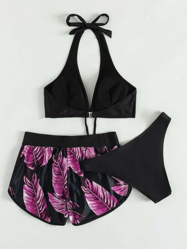 Ladies Three-Piece Bikini with Halter Top and Matching Shorts