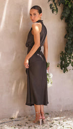 Women’s Satin Maxi Dress – Sleeveless Open Shoulder