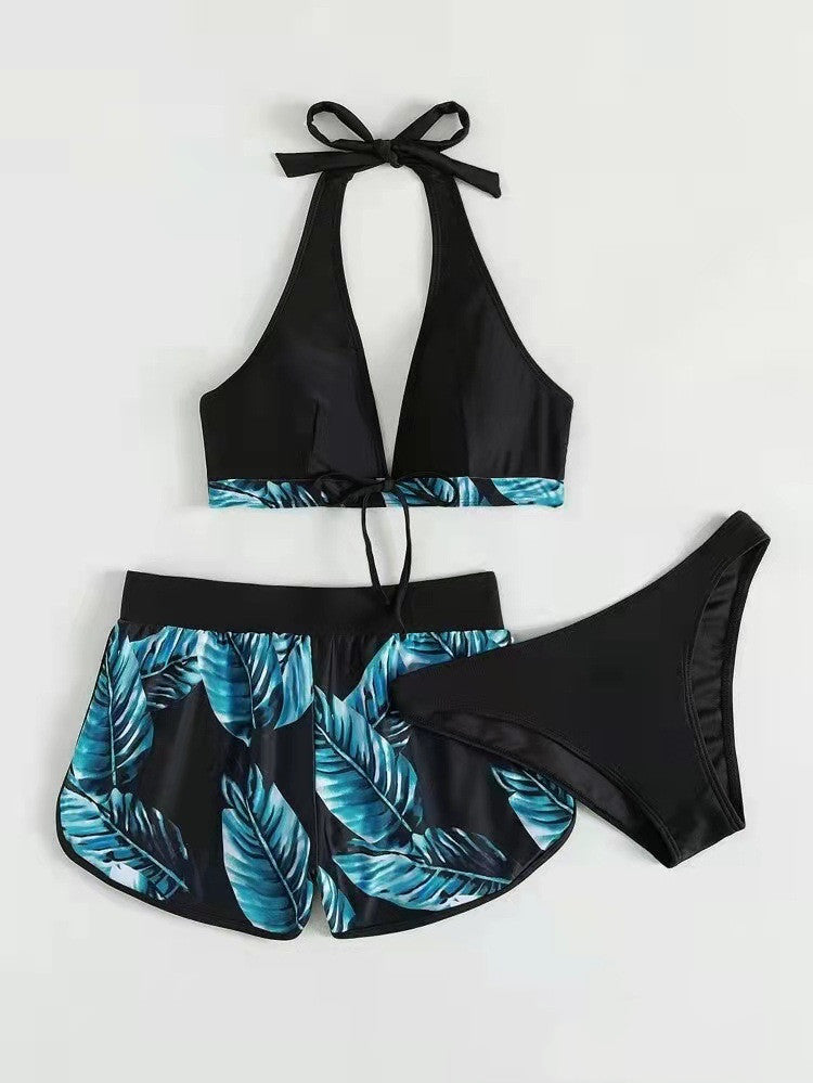 Ladies Three-Piece Bikini with Halter Top and Matching Shorts