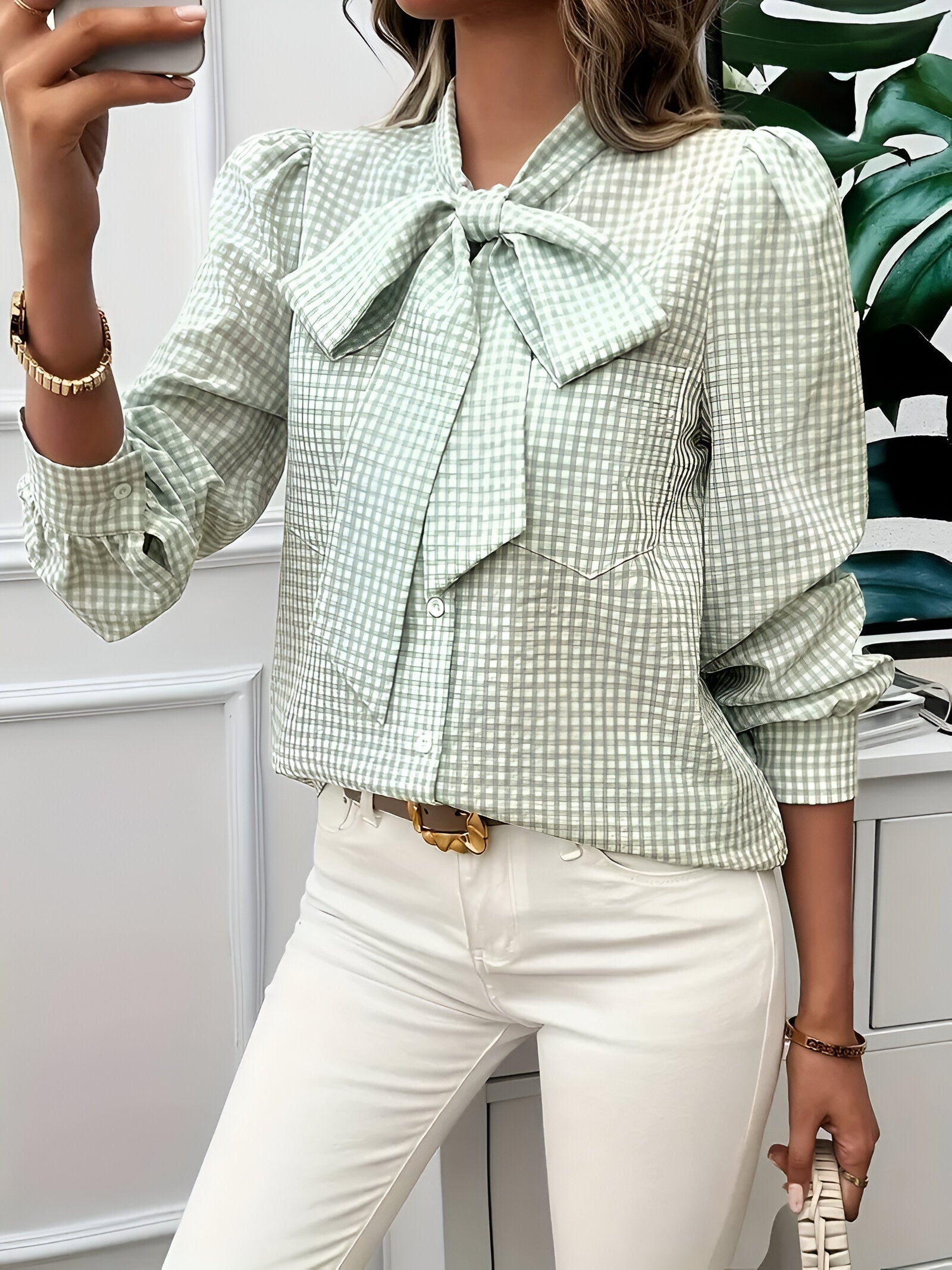 Women's Checked Tie-Neck Blouse