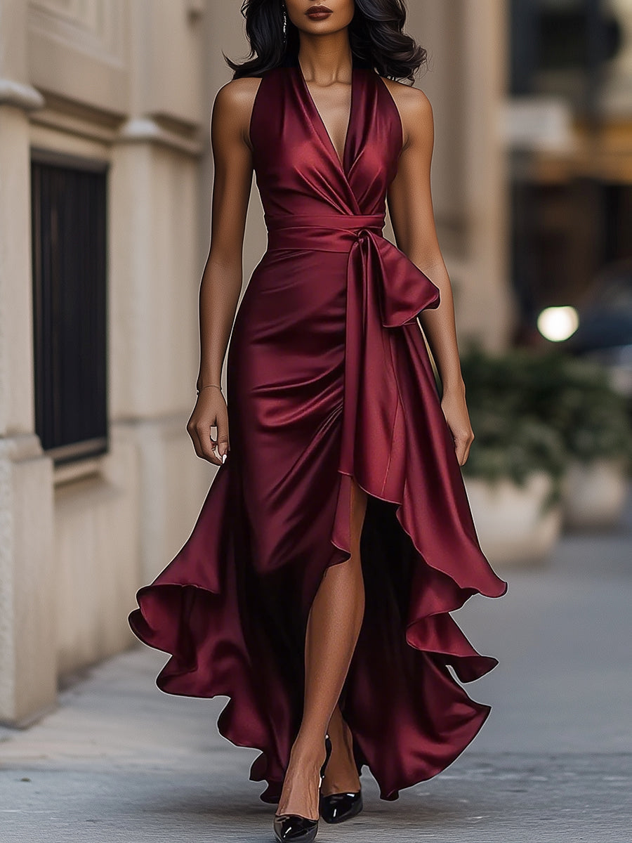 V-Neck Ruched Satin Maxi Gown for Women