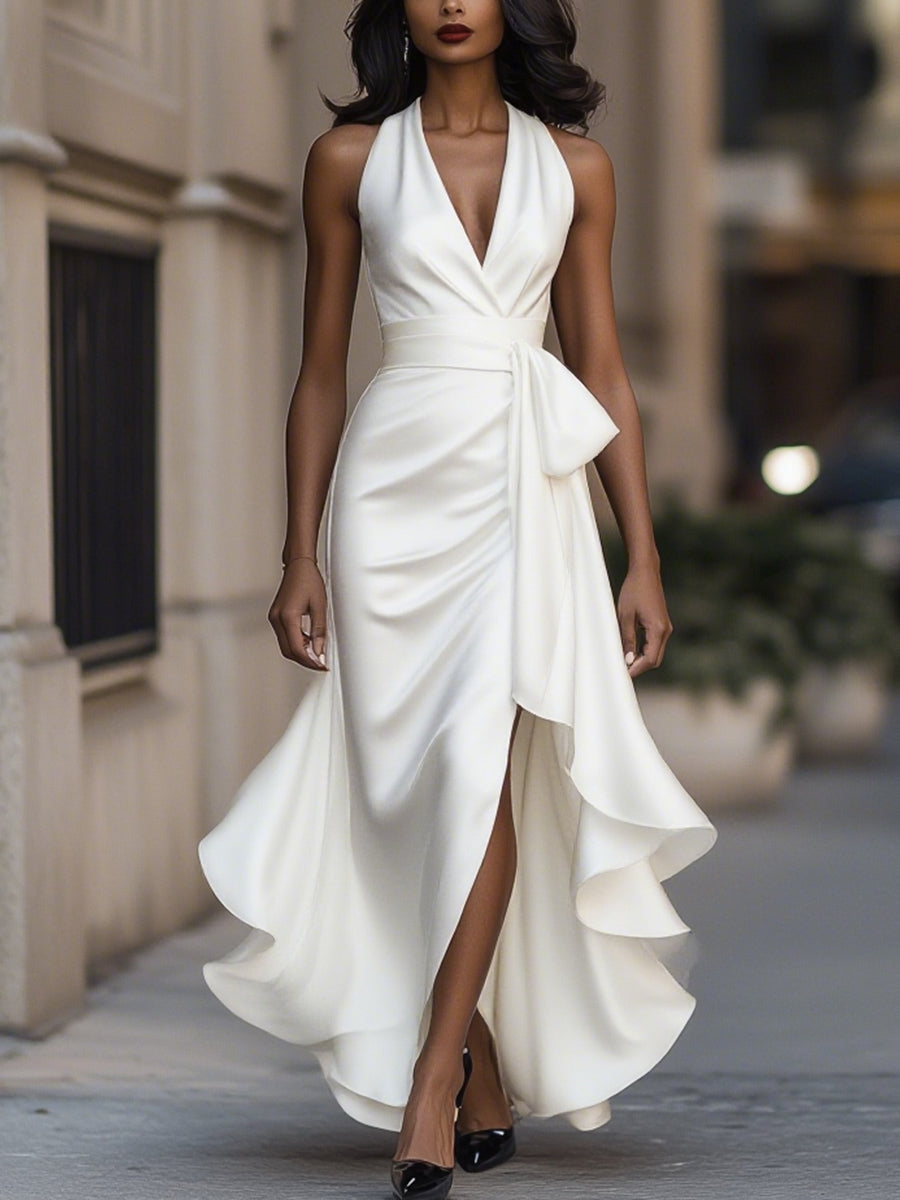 V-Neck Ruched Satin Maxi Gown for Women