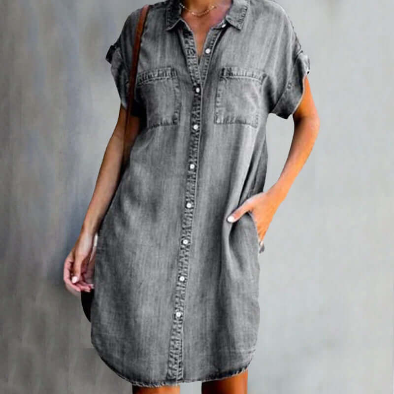 Denim Midi Dress – Short-Sleeve Button-Down