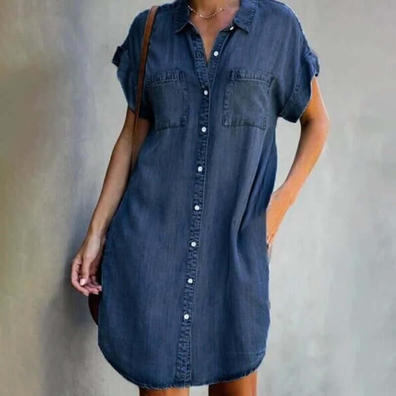 Denim Midi Dress – Short-Sleeve Button-Down