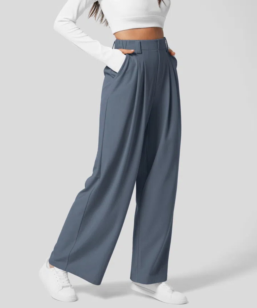 Ladies High Waist Elastic Trousers – Plain Casual Trousers for Daily Wear
