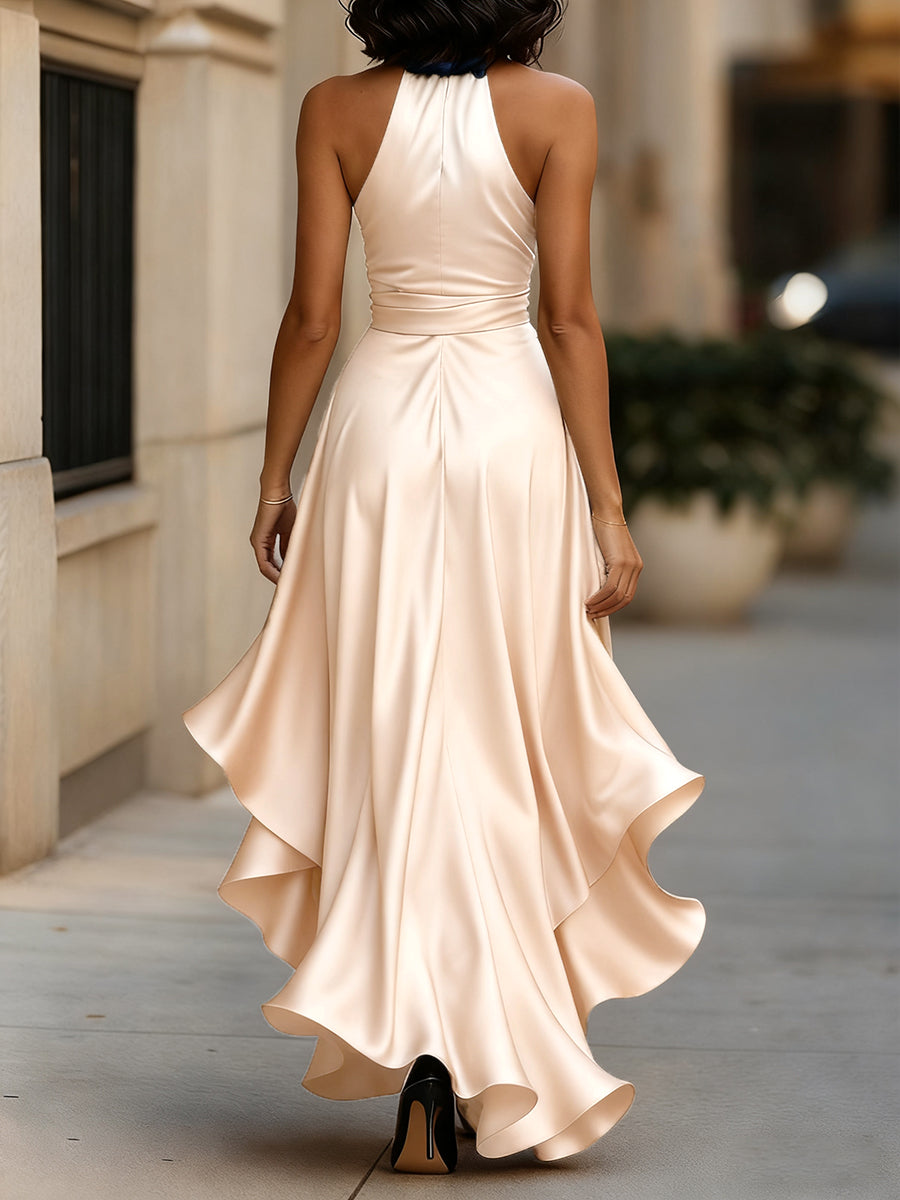 V-Neck Ruched Satin Maxi Gown for Women