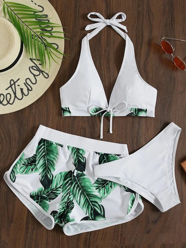Ladies Three-Piece Bikini with Halter Top and Matching Shorts