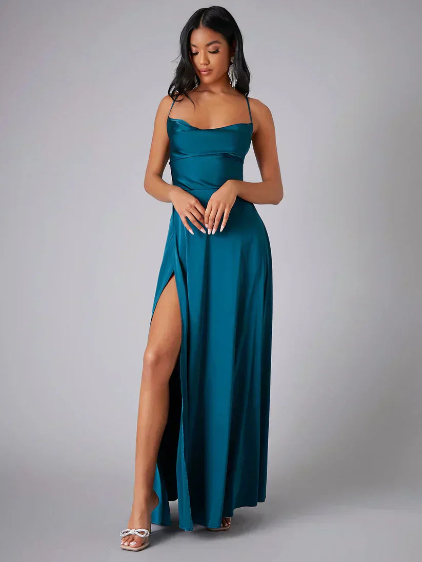 Women’s Maxi Evening Dress with Spaghetti Straps and High Slit