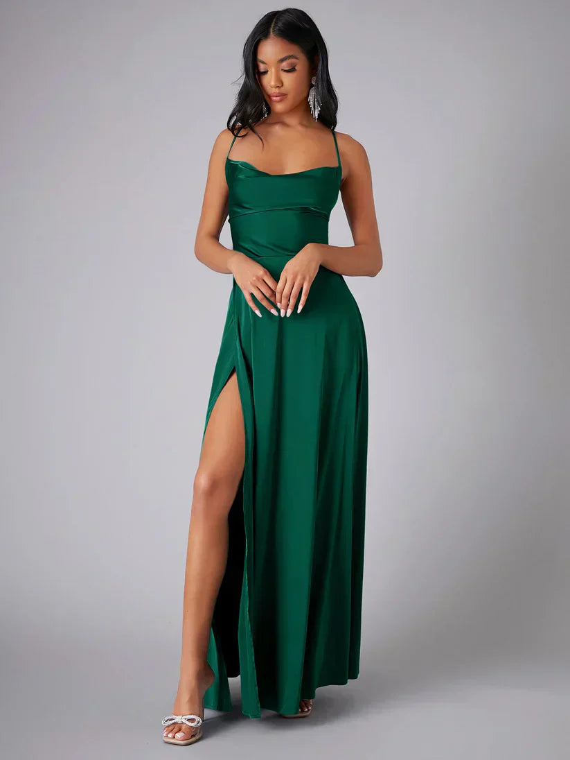 Women’s Maxi Evening Dress with Spaghetti Straps and High Slit