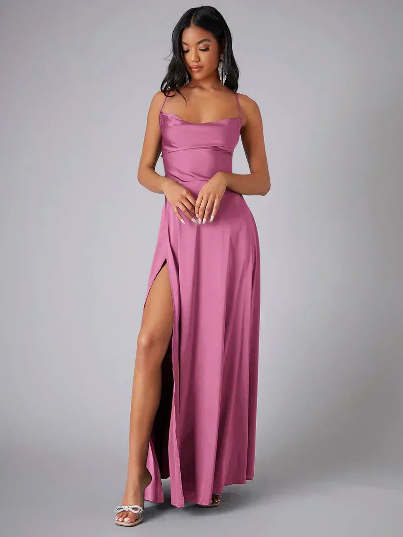 Women’s Maxi Evening Dress with Spaghetti Straps and High Slit