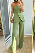 Women’s 2-Piece Set with Strapless Button Front Top and Wide-Leg Pants