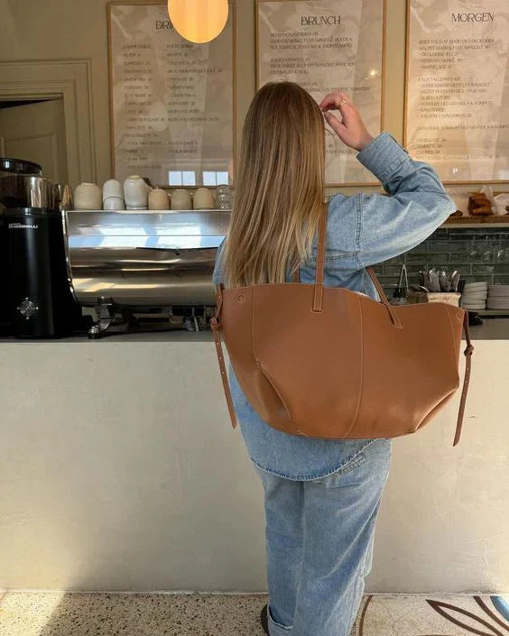Grained Leather Tote Bag - Large Capacity Office Handbag