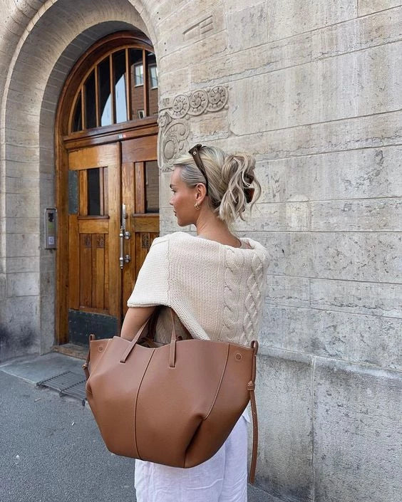 Grained Leather Tote Bag - Large Capacity Office Handbag