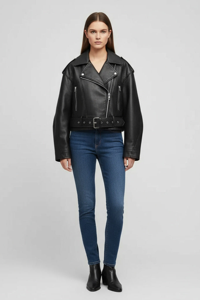 Short Belted Biker Leather Jacket