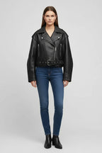 Short Belted Biker Leather Jacket