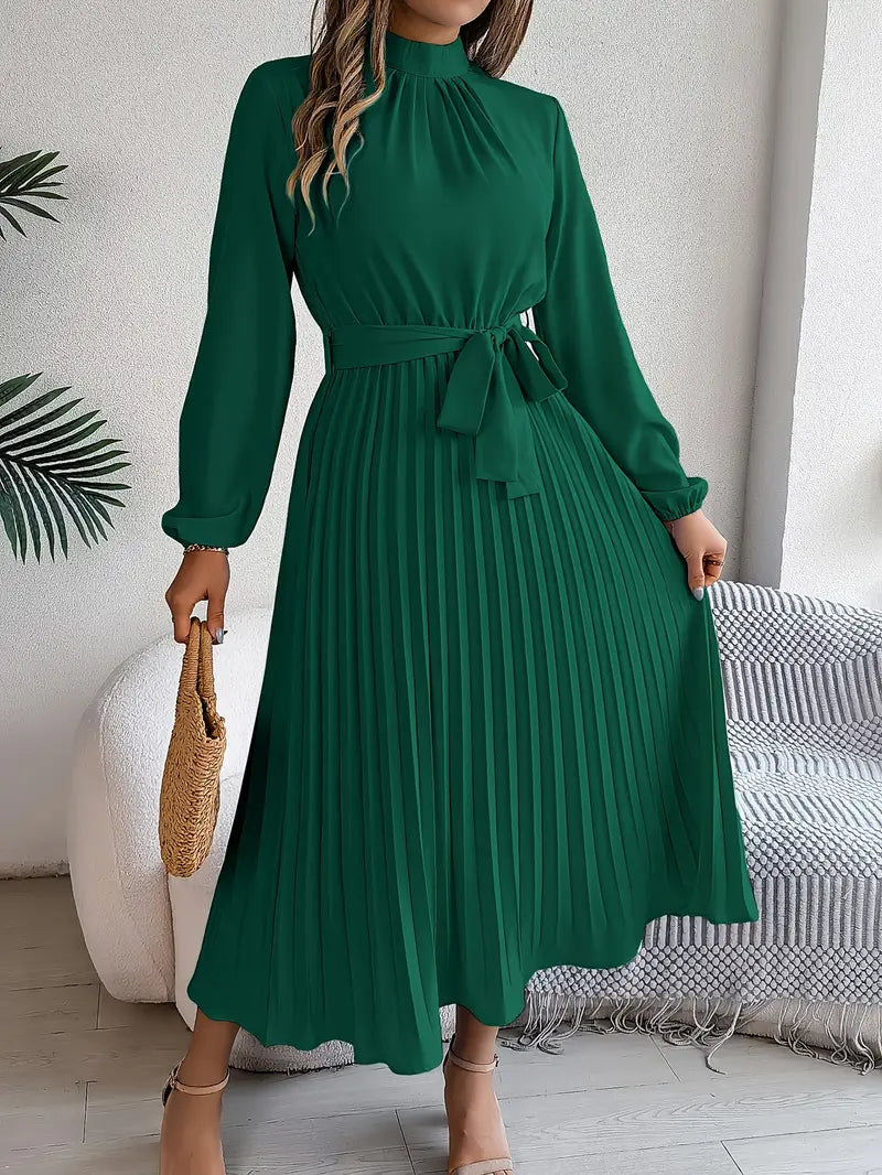 Women’s Pleated Midi Dress with Long Sleeves and Waist Belt
