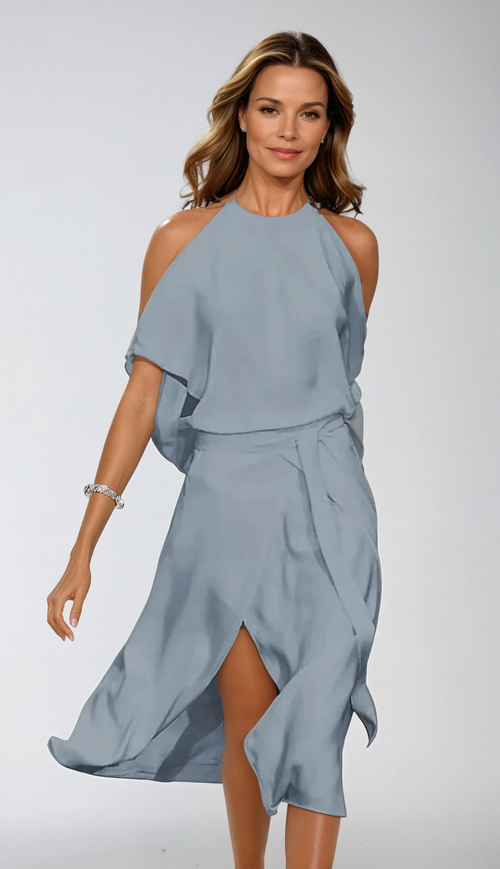 Halter Neck A-Line Dress with Slit Flowy Summer Dress