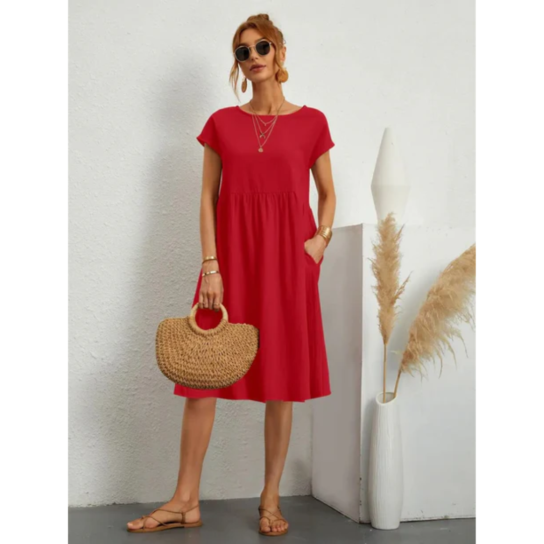 Cap Sleeve A-Line Midi Dress with Pockets Chic Dress