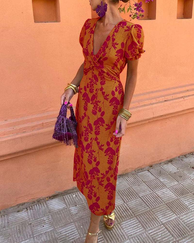 Floral Print Dress with V-neck