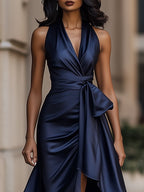 V-Neck Ruched Satin Maxi Gown for Women