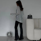 Women's Silver Sequin Blouse - Sparkly Metallic Long Sleeve Party Top