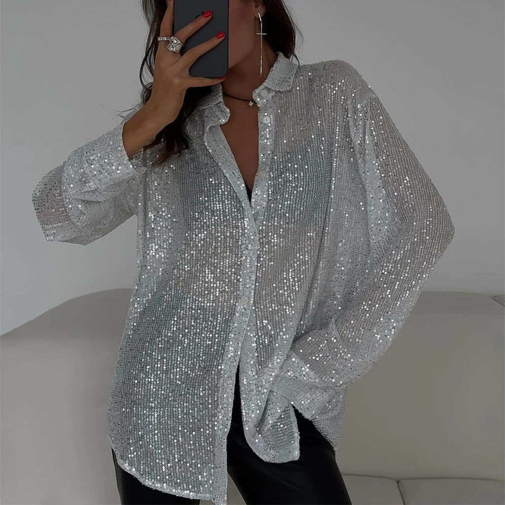 Women's Silver Sequin Blouse - Sparkly Metallic Long Sleeve Party Top