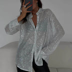 Women's Silver Sequin Blouse - Sparkly Metallic Long Sleeve Party Top