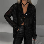 Women's Silver Sequin Blouse - Sparkly Metallic Long Sleeve Party Top
