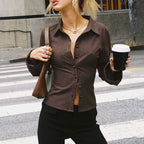Button-Down Retro Blouse – Long-Sleeve Collared Shirt