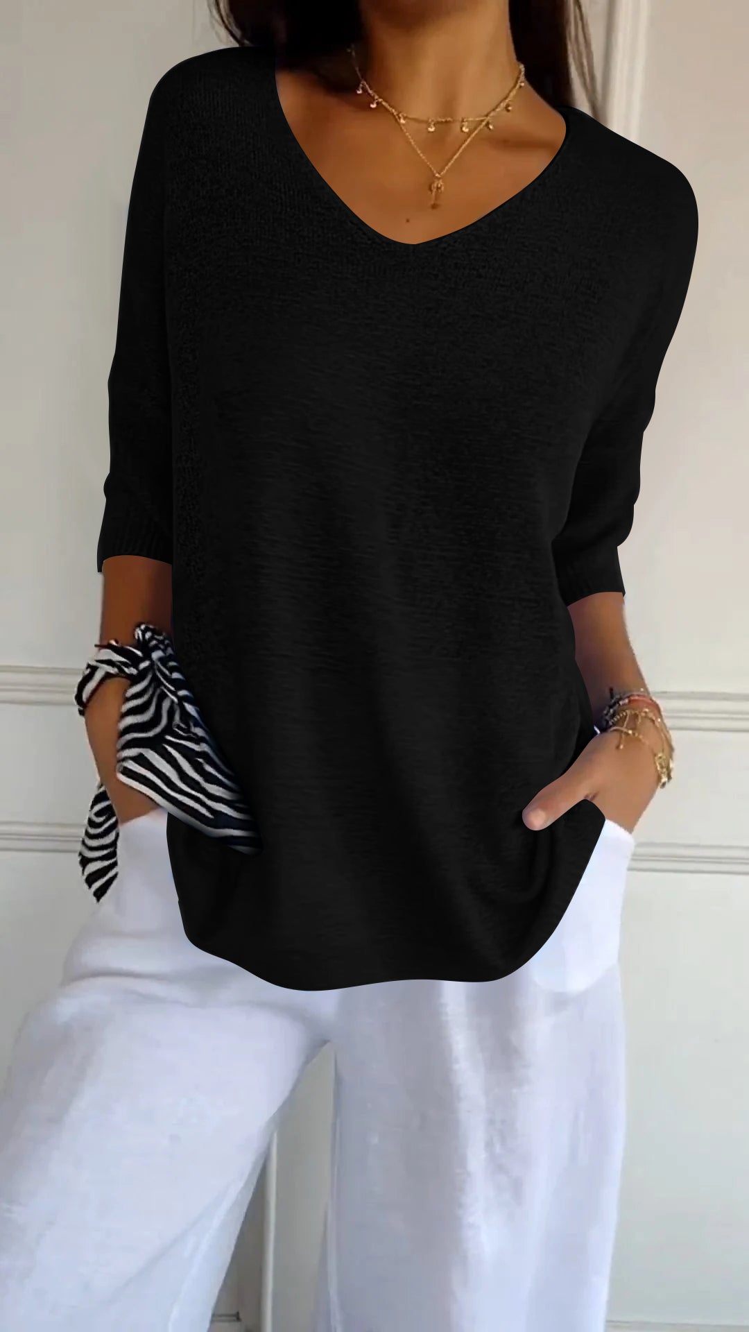 V-Neck Knit Top Casual Lightweight Jumper