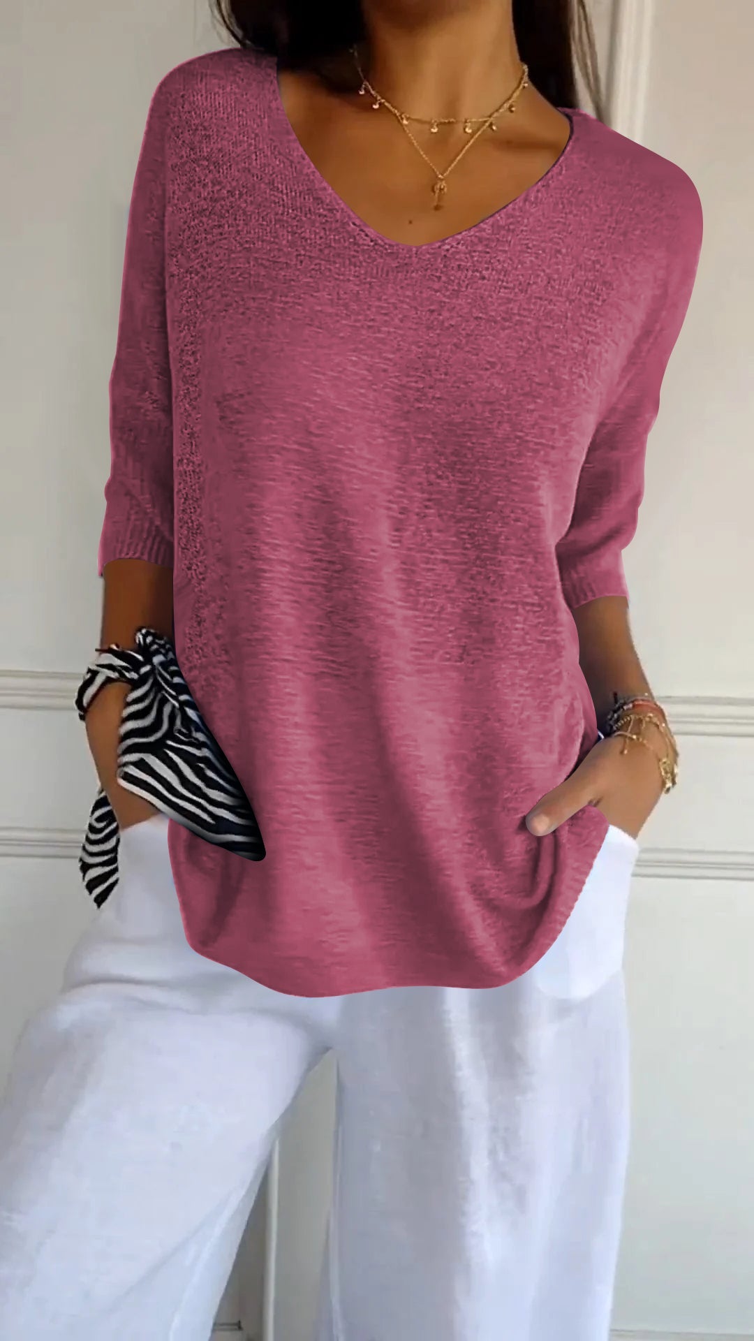 V-Neck Knit Top Casual Lightweight Jumper