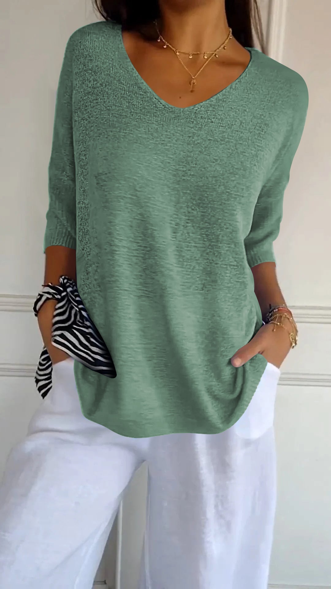 V-Neck Knit Top Casual Lightweight Jumper