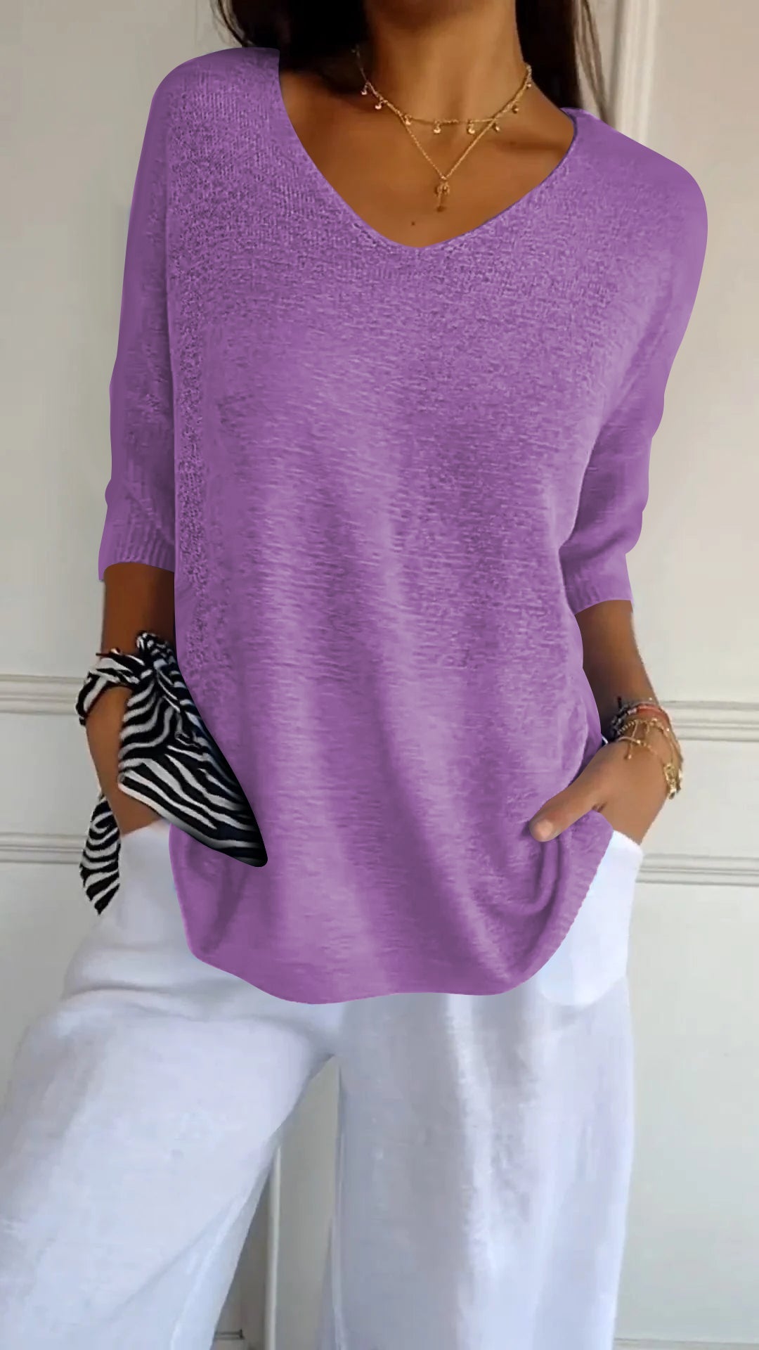 V-Neck Knit Top Casual Lightweight Jumper