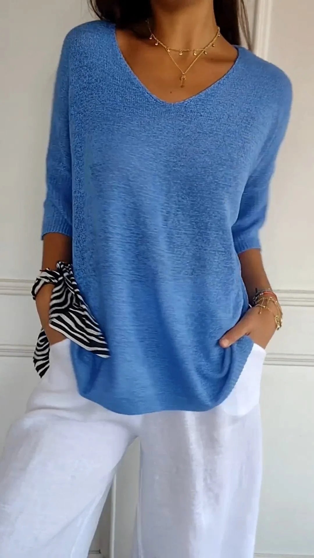 V-Neck Knit Top Casual Lightweight Jumper