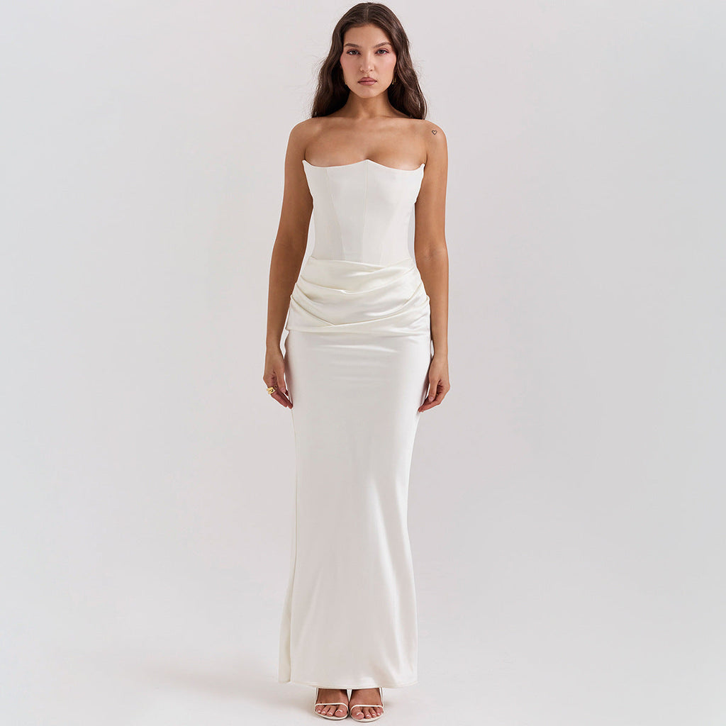 Women's Elegant Corset Midi Dress - Satin Bodycon Fit