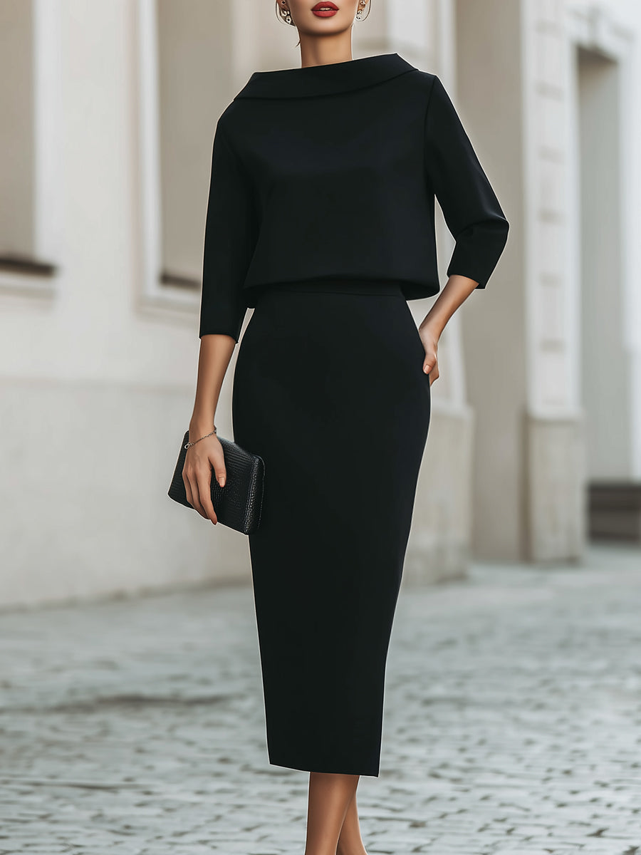 Women's Tailored Set – Top with Boat Neck and Midi Skirt for Casual Use
