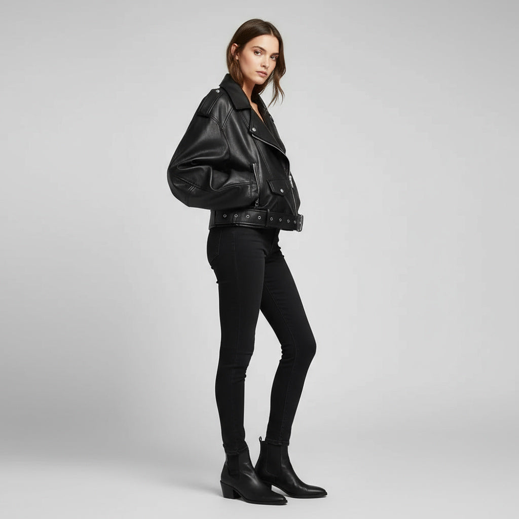 Short Belted Biker Leather Jacket