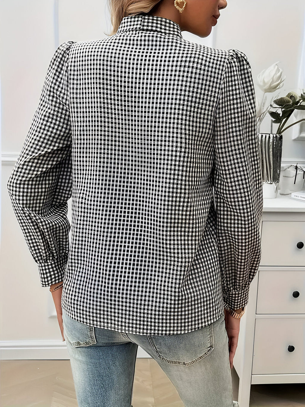 Women's Checked Tie-Neck Blouse
