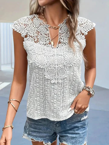Women's V-Neck Lace Top - Sleeveless Floral Lace Blouse