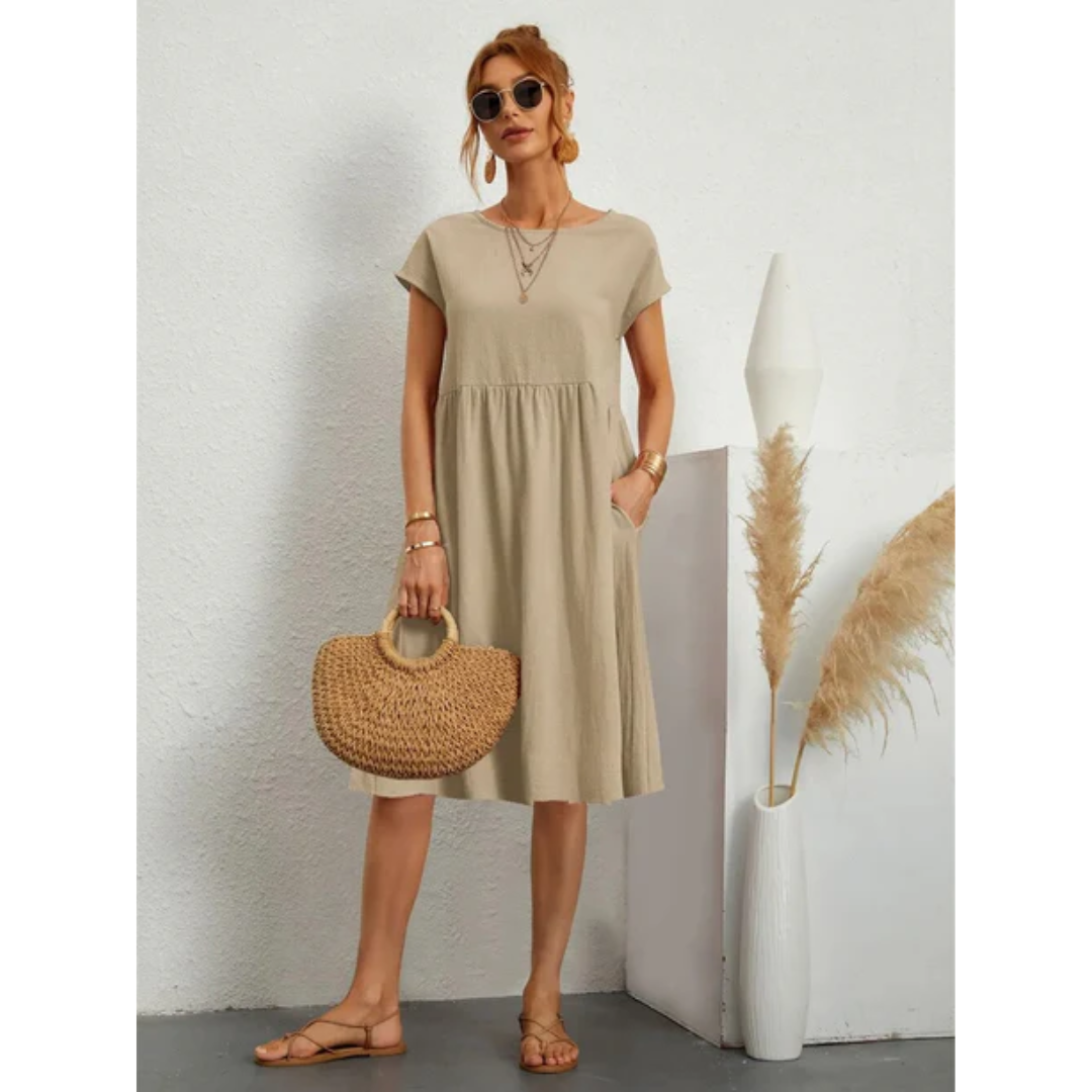 Cap Sleeve A-Line Midi Dress with Pockets Chic Dress