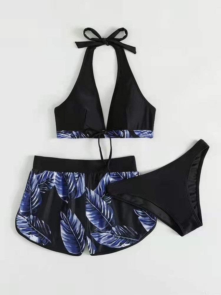 Ladies Three-Piece Bikini with Halter Top and Matching Shorts