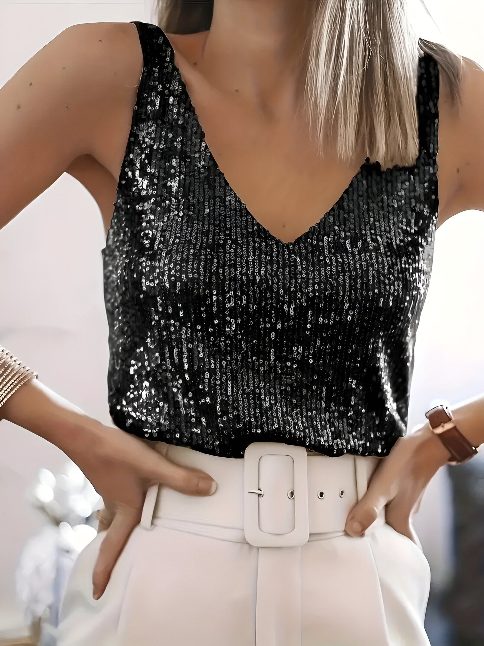 Sleeveless Paillette Top – Round-Neck Shimmer Tank
