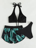 Ladies Three-Piece Bikini with Halter Top and Matching Shorts