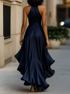V-Neck Ruched Satin Maxi Gown for Women